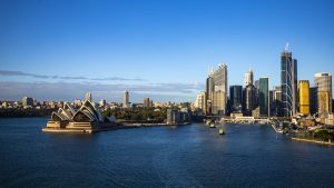 sydney skyline sunrise sunrise overlooking famous building bridge sydney australia