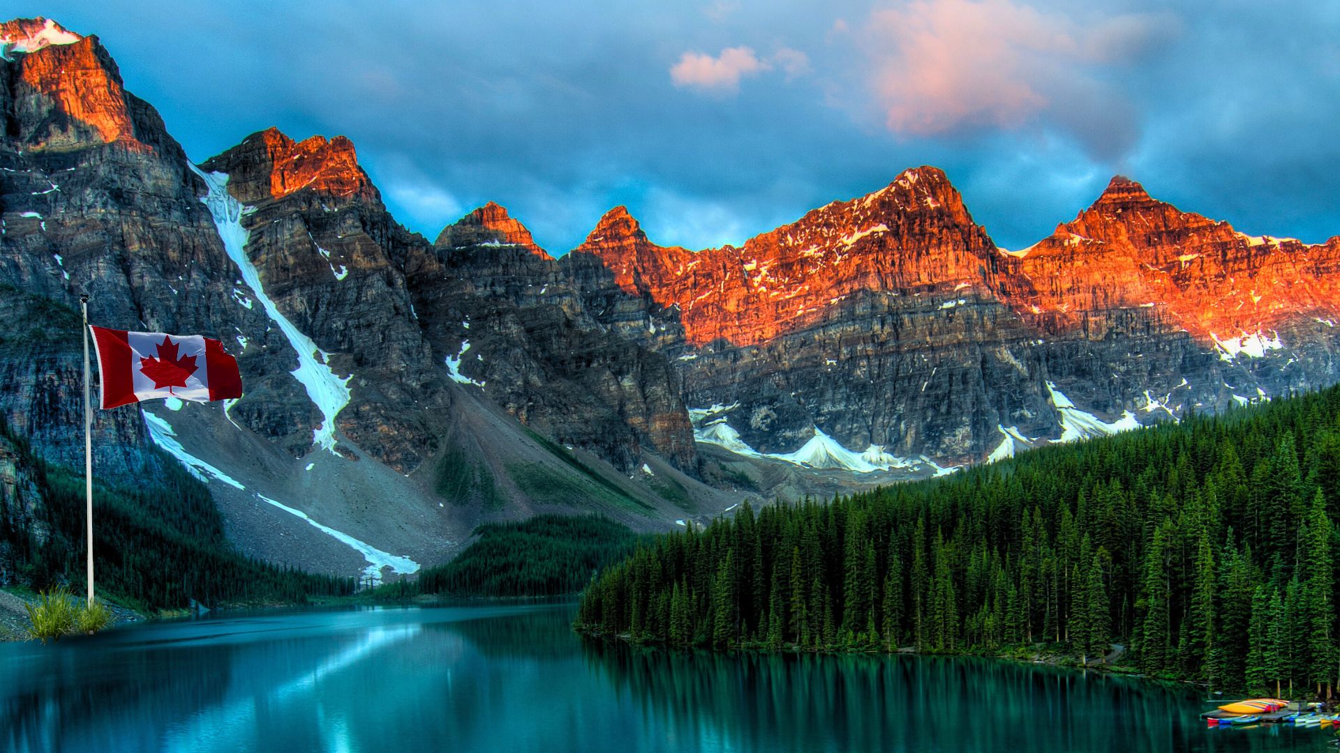 Canada Express Entry immigration with Canadian flag and Rocky Mountains