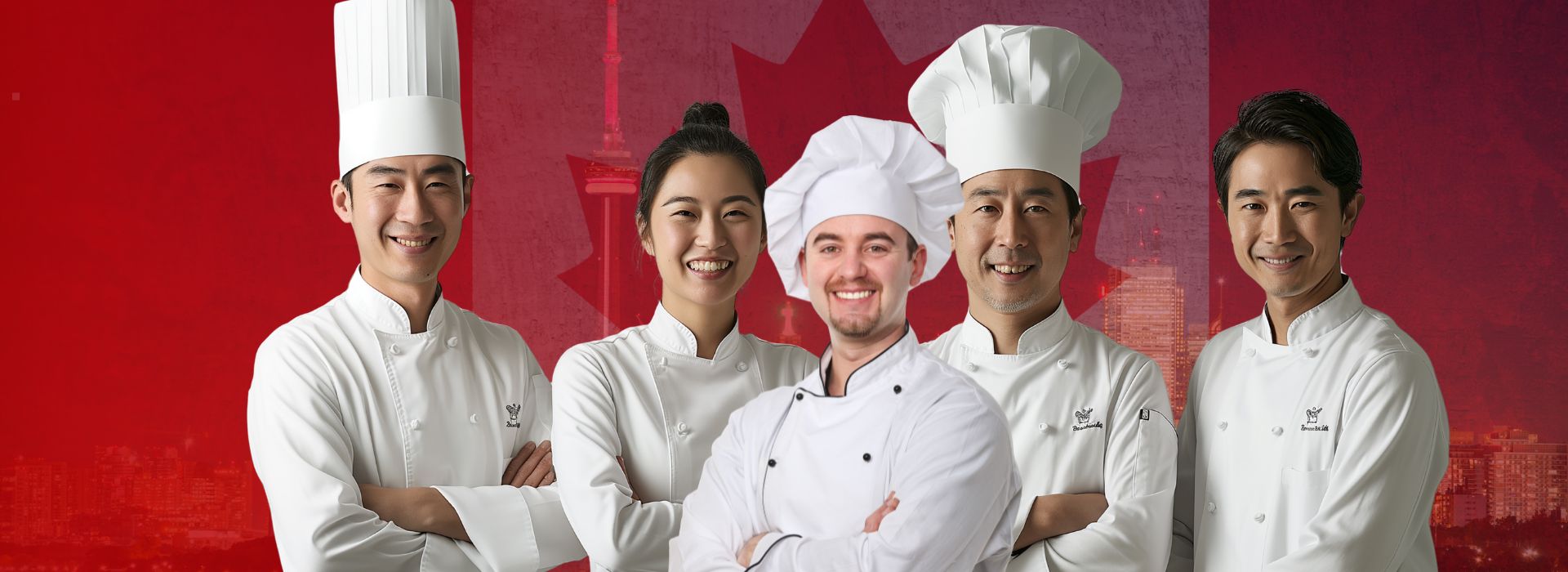Chefs in white uniforms, Canadian backdrop