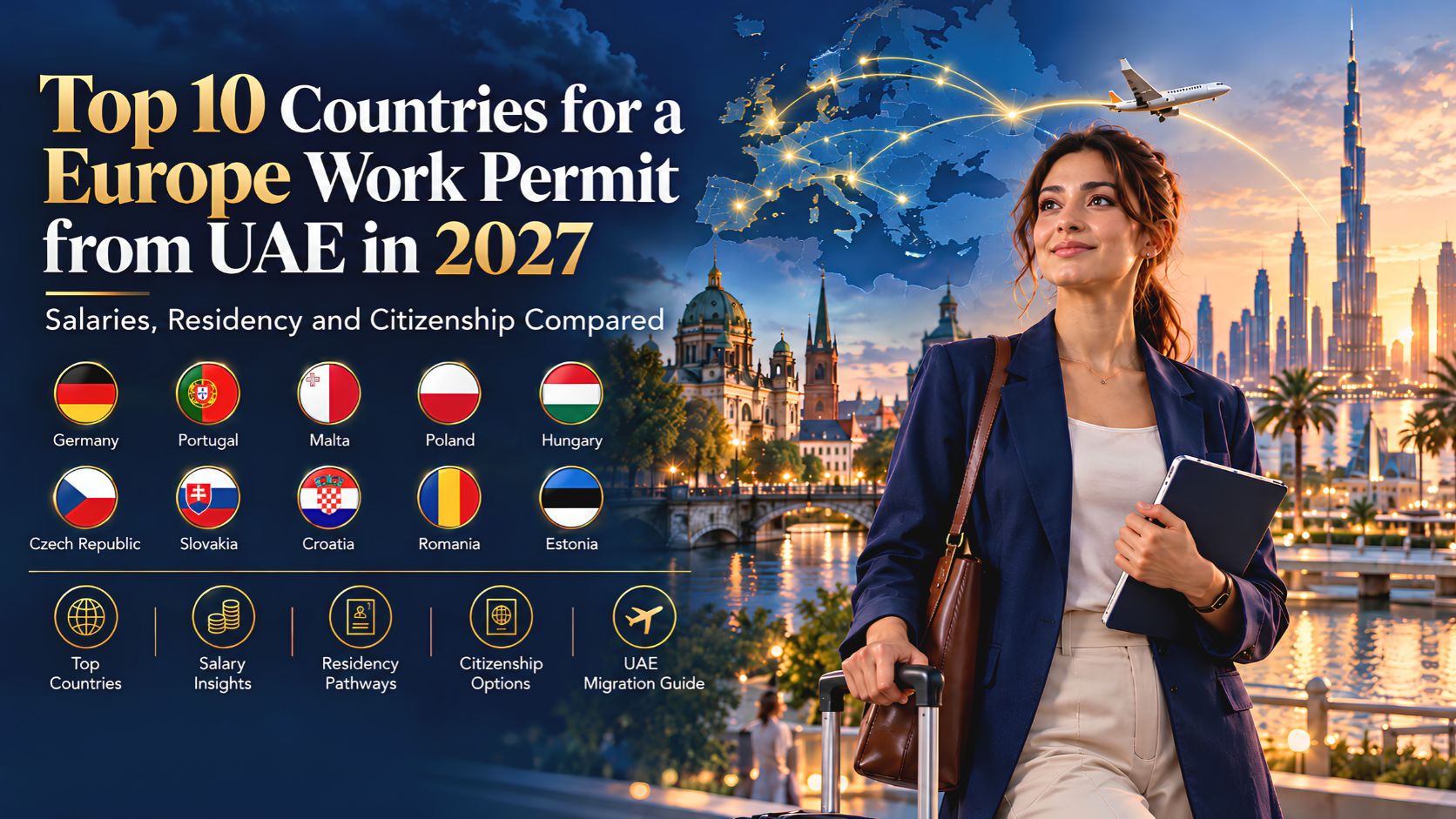 Top 10 European countries for work permits from UAE in 2027, featuring country flags and a professional traveler